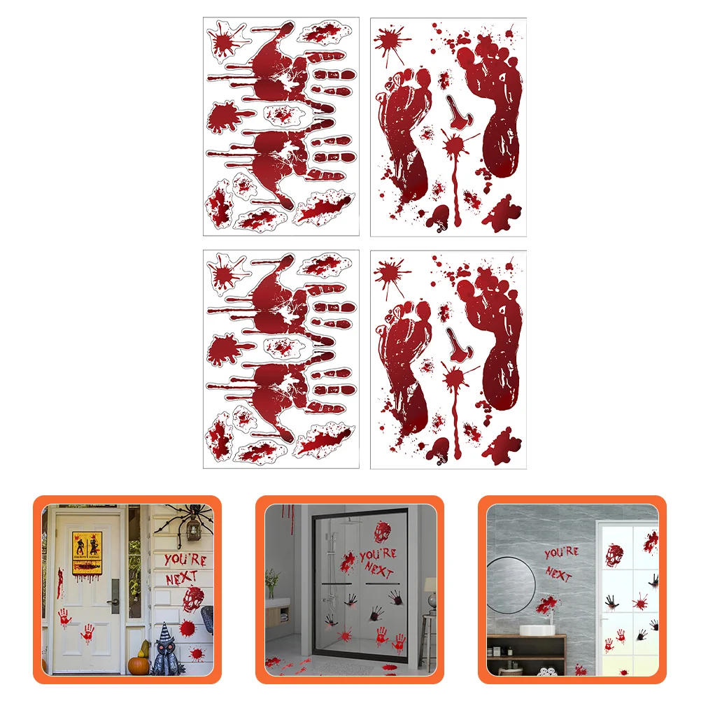 4 Sets Handprint Footprint Wall Sticker Halloween Party Decor Bloody Stickers Decorate Horror Decorations Decals Scene Window