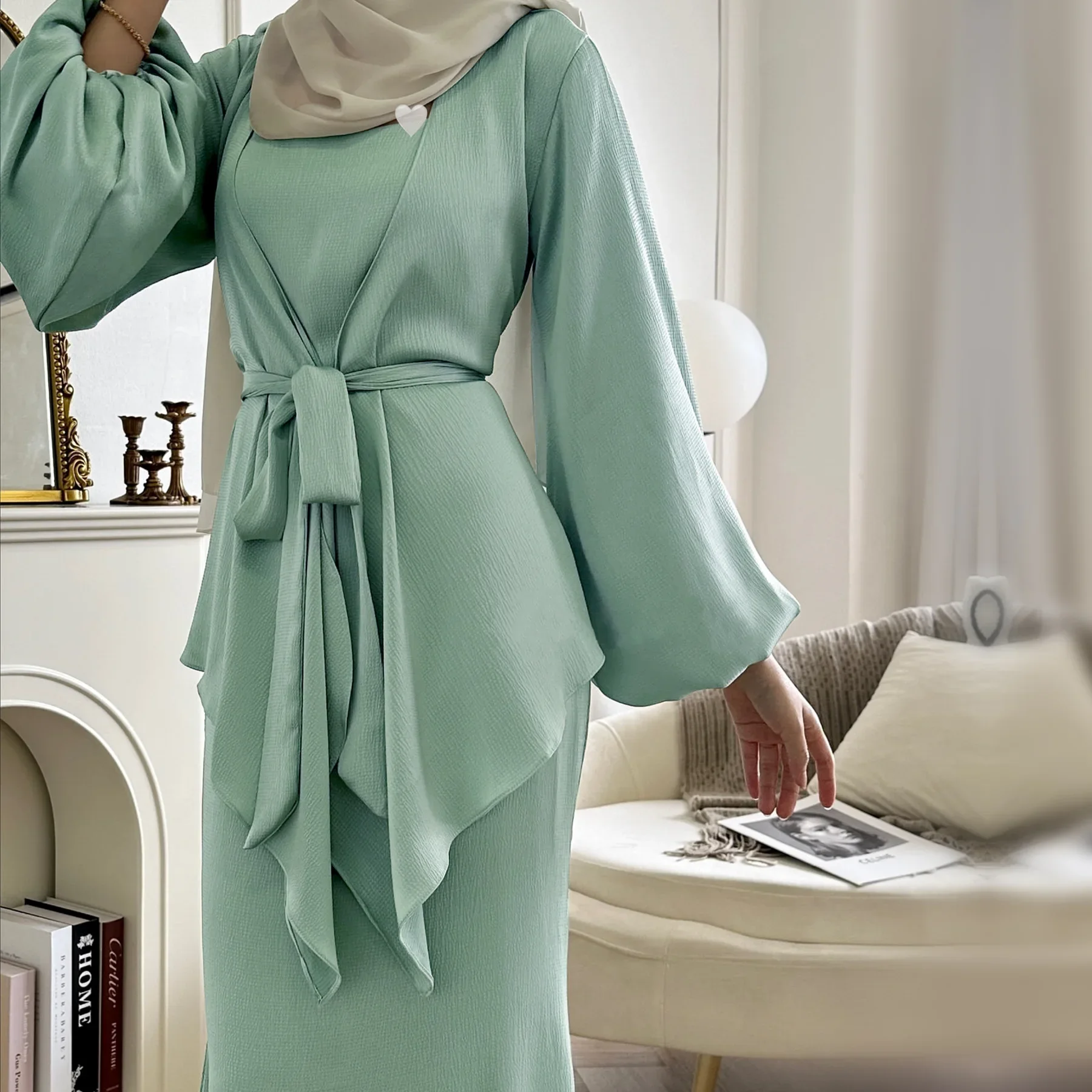 2 Piece Sets Women Outfit Satin Muslim Top and Dress Set Woman Shirt Blouses Kimono Luxury Islamic Clothing Matching Suit Turkey