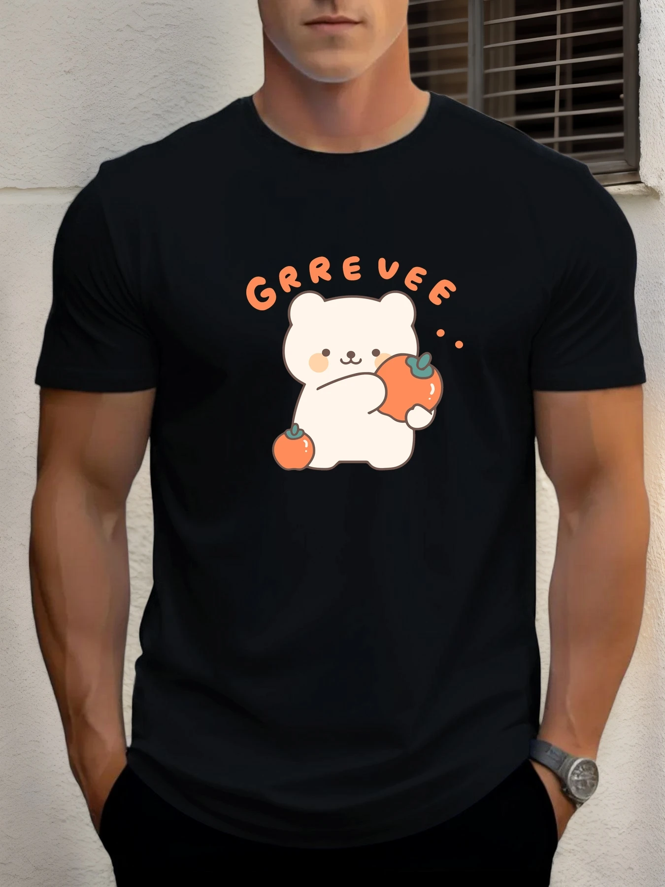 

Men's cotton T-shirt, summer round neck short sleeves, persimmon bear print breathable street clothing fashion cool T-shirt