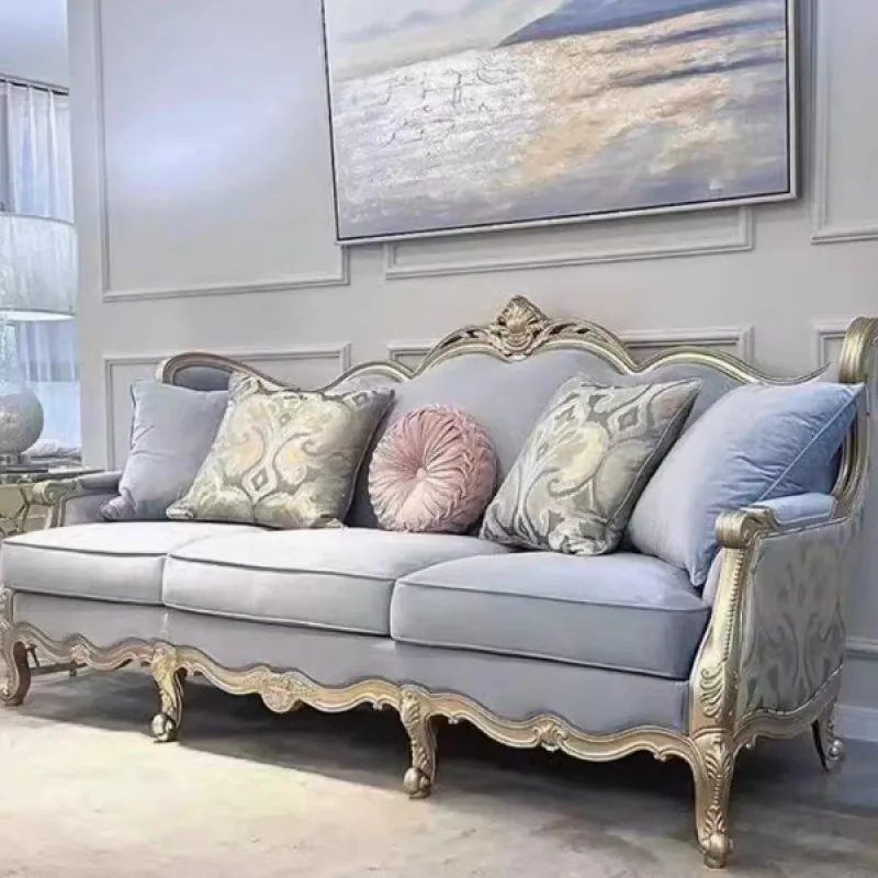 

American light luxury solid wood sofa living room blue fabric three-seater combination