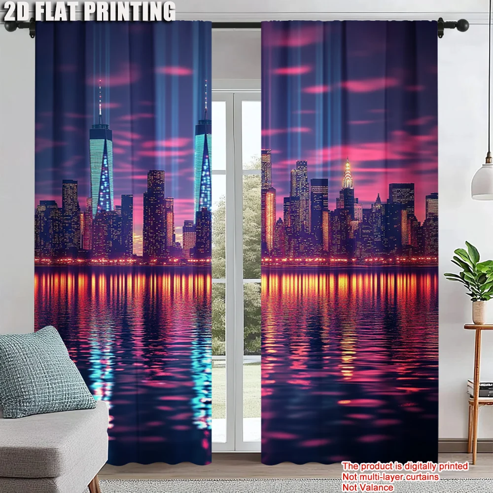 

2Pcs Modern Window Curtain Machine Washable Polyester Material Cityscape Window Drapes With Rod Pocket For Living Room And