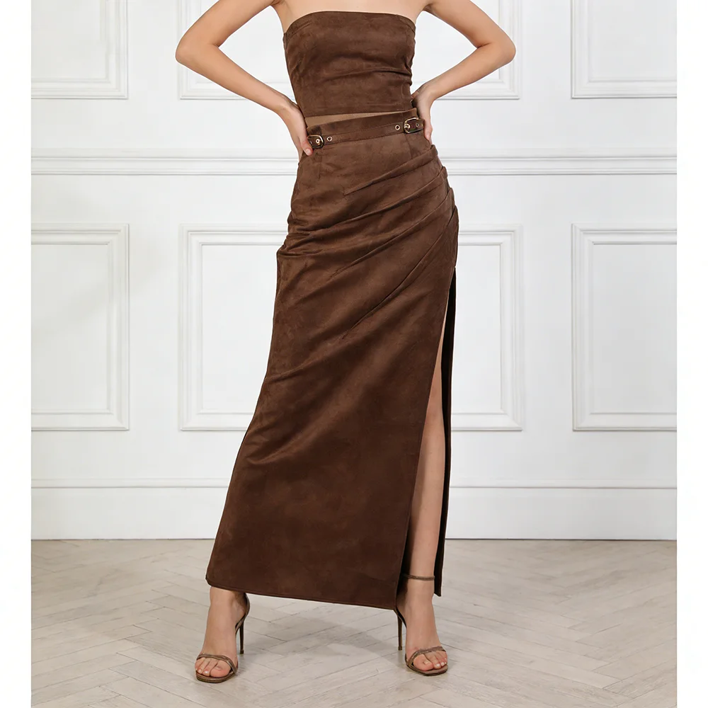 

Коричневая юбка с плиссировкой, базовая модель, женская, с завышенной талией, стройнящая, в стиле ретро, длинная, осенняя, модная, новинка