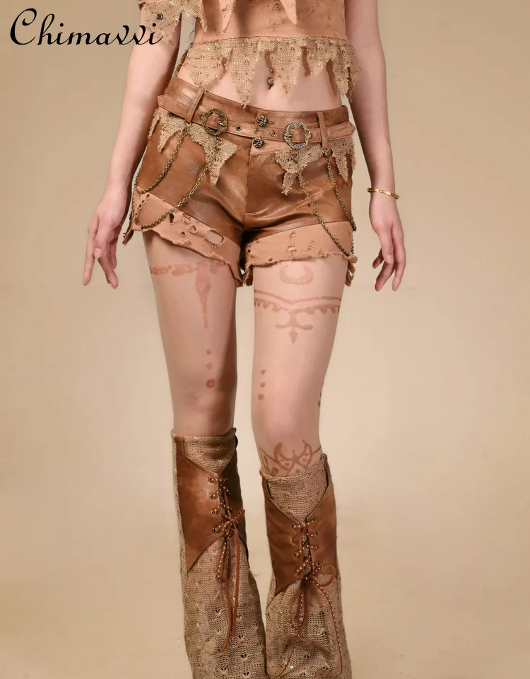 Original gótico retro rasgado sexy meninas de couro pesado velho cintura baixa super shorts verão nova moda elegante y2k calças curtas