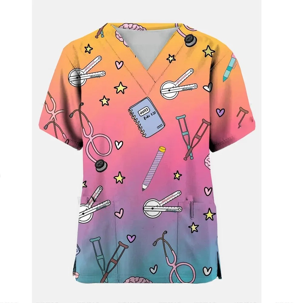 Uniforme de travail pour femmes, motif d'infirmière mignon, uniforme d'infirmière de poche pour animaux de compagnie, hauts de gommage à col en v, vêtements de protection pour clinique de soins de santé