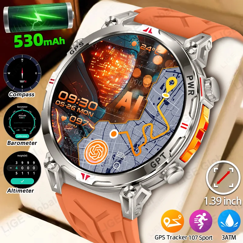 

LIGE НОВЫЕ GPS Смарт-часы 530 мАч 1,39 дюйма HD Встроенный компас Барометрический альтиметр Голосовой вызов Bluetooth Smartwatch Монитор здоровья