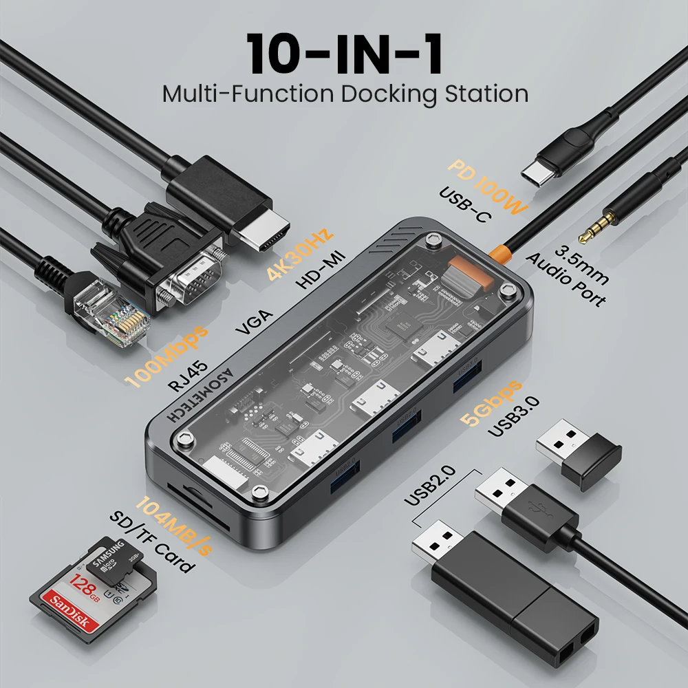 10 In 1 Hub Usb 3.0 Type C To HDMI-Compatible 4K 30Hz Docking Station PD 100W Usb Splitter for Macbook Air Laptop Pc Accessories