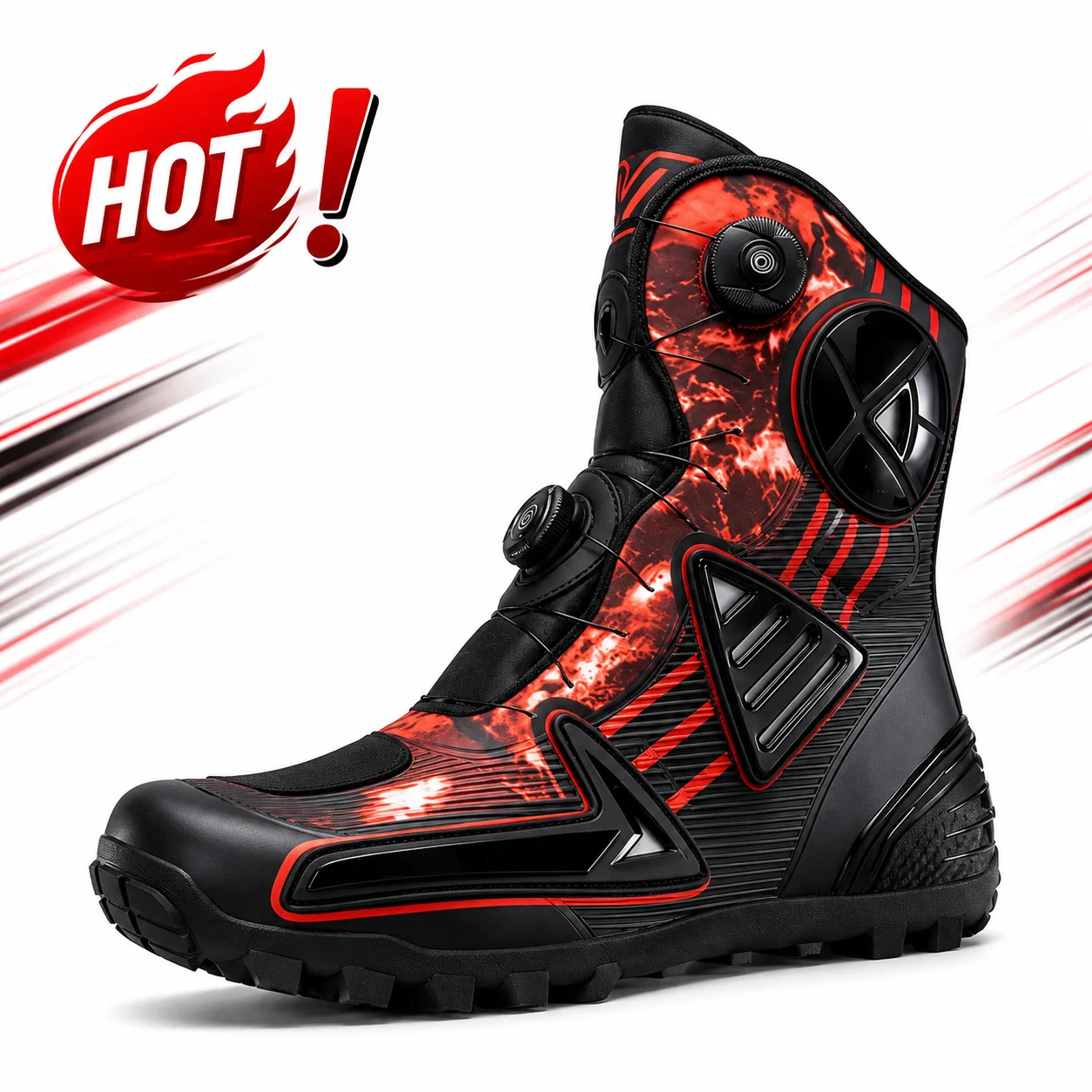 

Motorcycle Riding Shoes Men High Top Moto Boots Dual Dial Buckle Seamless Upper Deep Lug Rubber Sole Off Road Touring Gear 39-47