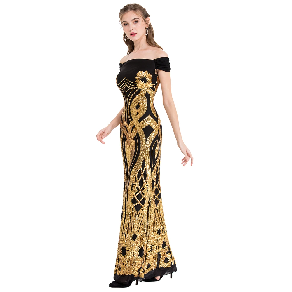 Angel-Fashions Vrouwen Off Shoulder Gold Bloemen Patroon Sparkly Pailletten Schede Avond Party Dress Vintage Moeder Van Bruid gown