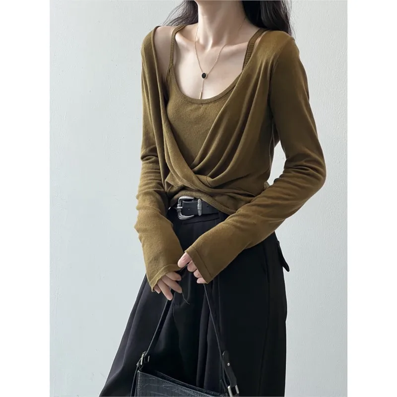 Johnature Cropped Knit Sweater 2-piece Set Women Tops Fall 2025 New Camisole Loose Casual Simple All Match Tops