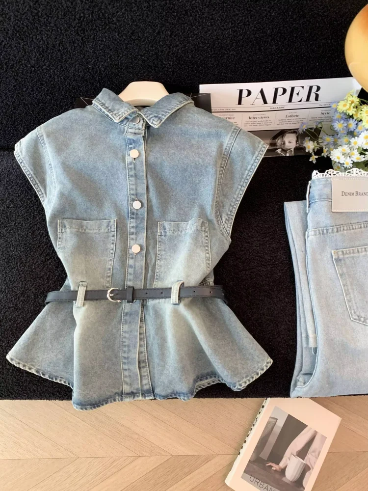 Hong Style Vintage Flying Sleeve Denim Coat Slim Waist Hot Sell Thin Vest High Street Premium Elegant Jackets