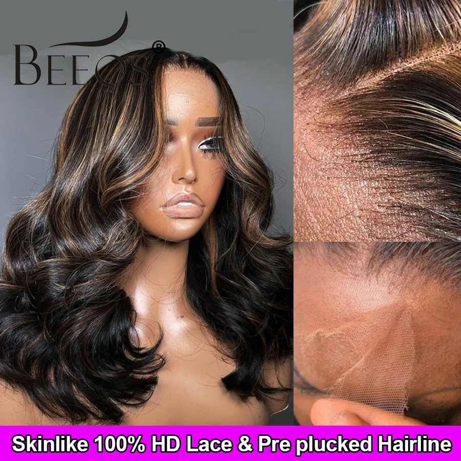 BEEOS Highlight HD Glueless Wig Human Hair Ready To Wear 13x4 HD Frontal Wig Pre plucked Natural Wave 5x5 HD Lace Closure Wig