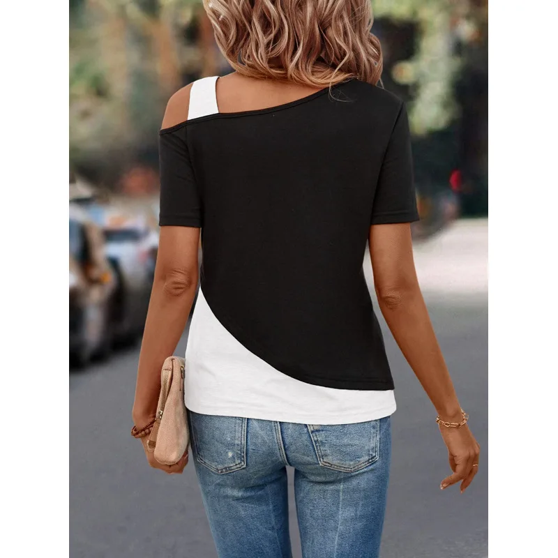 Chic Farbe Blockieren Kurzarm Frauen Einfarbig Off Schulter Asymmetrische T-Shirt Weibliche Sommer Casual Tops – Detail 7