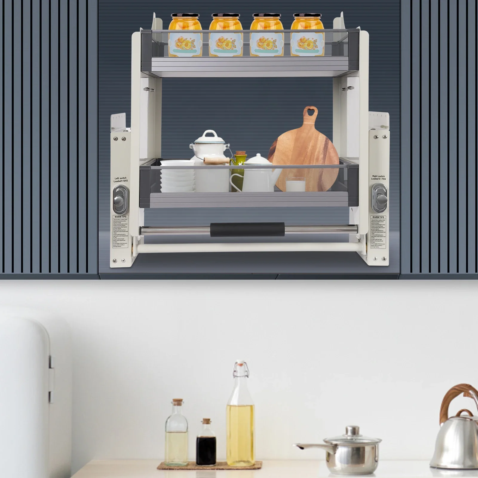 

2-Tier Pull Down Shelf for Upper Cabinet,White Space Saving Cabinet Organizer,Heavy Duty Aluminum Alloy Storage Rack for Kitchen