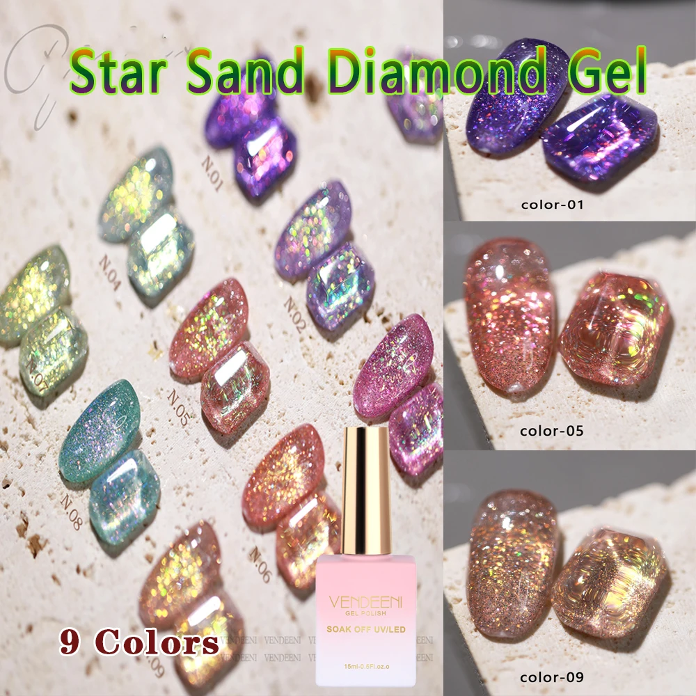 

Vendeeni 9 Colors/set Glitter Star Sand Broken Diamond Gel Nail Polish UV LED Sparkling Manicure Nail Varnish With Color Card