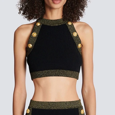 SML Gold Shiny Knitted Tank Top with Silk Button Detail Elastic Slim Fit Hanging Neck Women's Camisole Two Colors