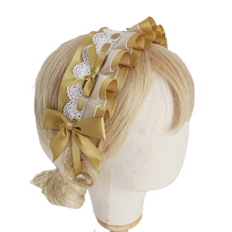 Ruffle Lace Headbands Lolita Pleated Ribbon Headband Novelty Anime Headwear with Bowknot Maid Cosplay Party Costume DropShipping