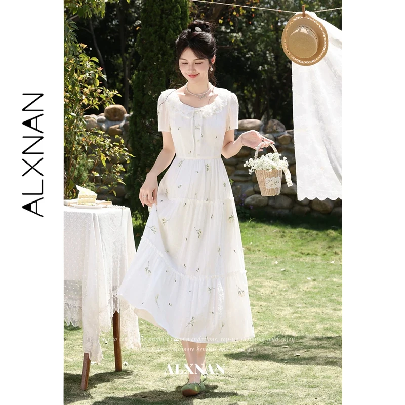 

ALXNAN Vacation Floral Dress Women Summer New Doll Collar Pleated Long Dress 2026 Elegant Fashion Holiday Female Dresses L63607
