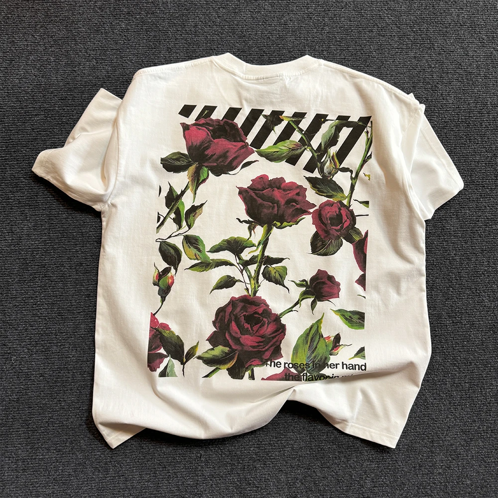 ヴィンテージアメリカンローズフラワー柄レイジースタイル半袖tシャツ高級感夏カジュアルファッションポケットハンカチ