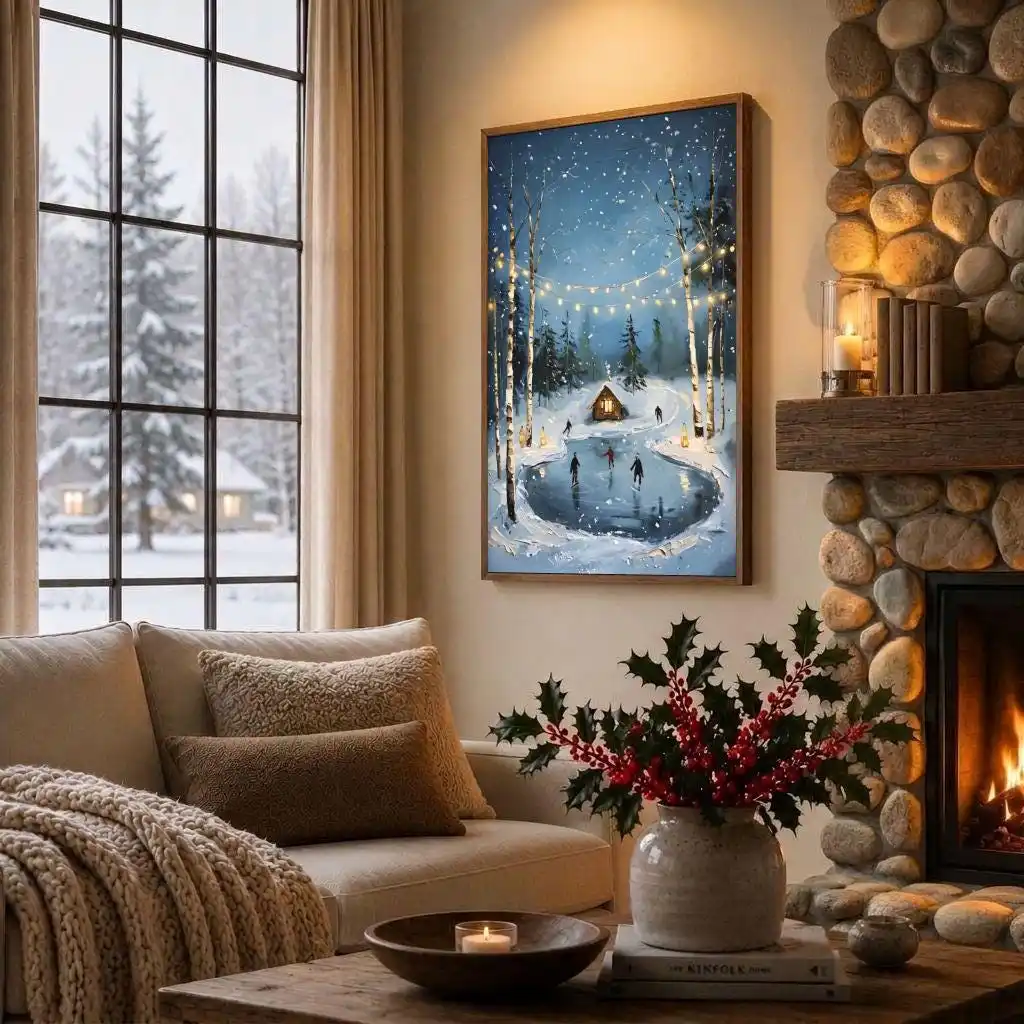 Modern Cozy Winter Christmas Art Ice Skating Poster Frameless Vintage Christmas Snowy Cottage Scene Poster for Living Room Decor