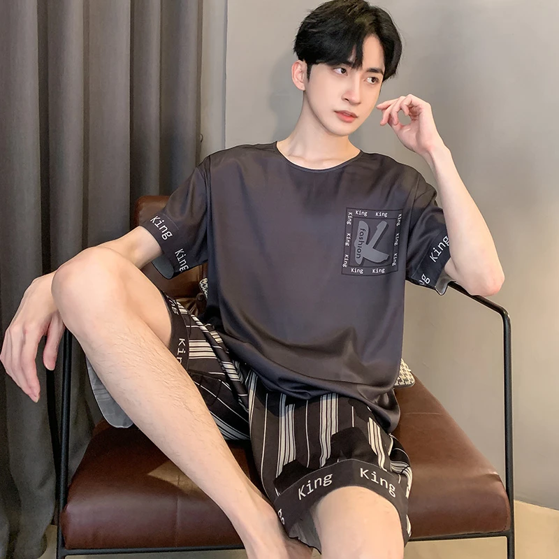 -5℃ New Casual Pajamas Set for Men Soft Cool Skin Ice Silk Summer Shorts Two Piece Sleepwear Nightwear Short Sleeved Loungewear