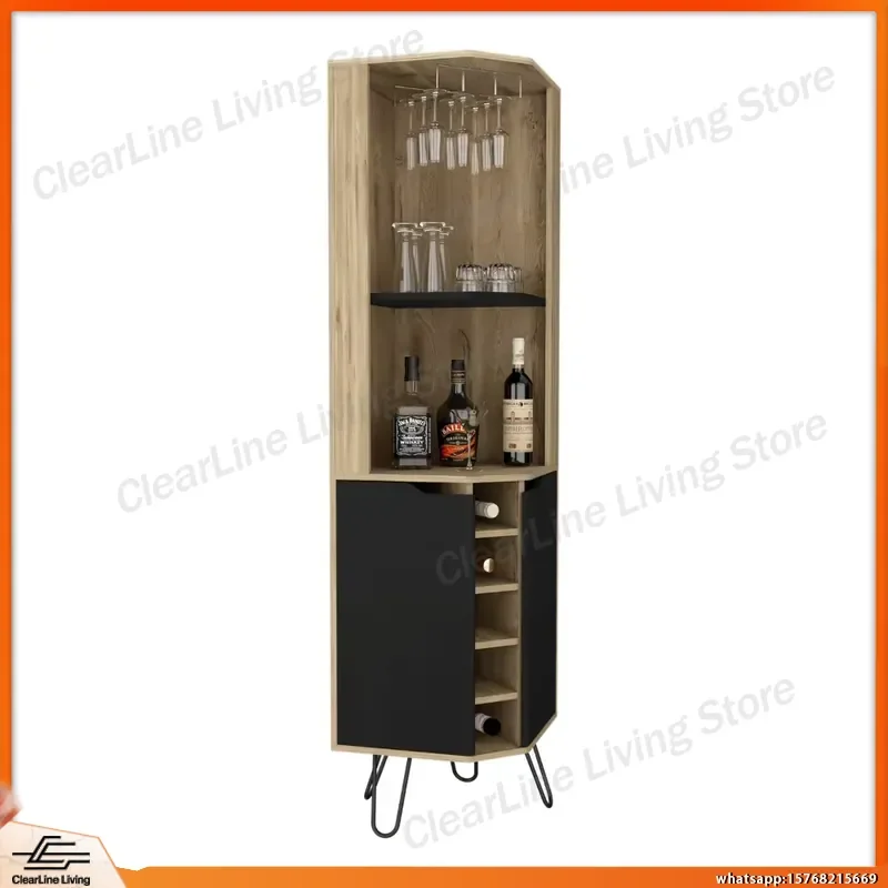 Corner Bar Cabinet with 6 Built-in Wine Racks for Home Bar Storage Modern Wooden Bar Cabinet with Shelves and Doors for