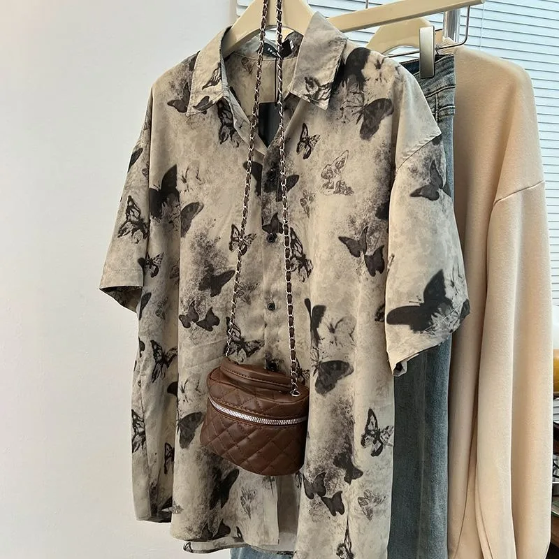 

Рубашка с короткими рукавами и принтом чернил и бабочек, новинка лета 2024, верхняя одежда, защита от солнца, простой тонкий нишевый топ из ледяного шелка