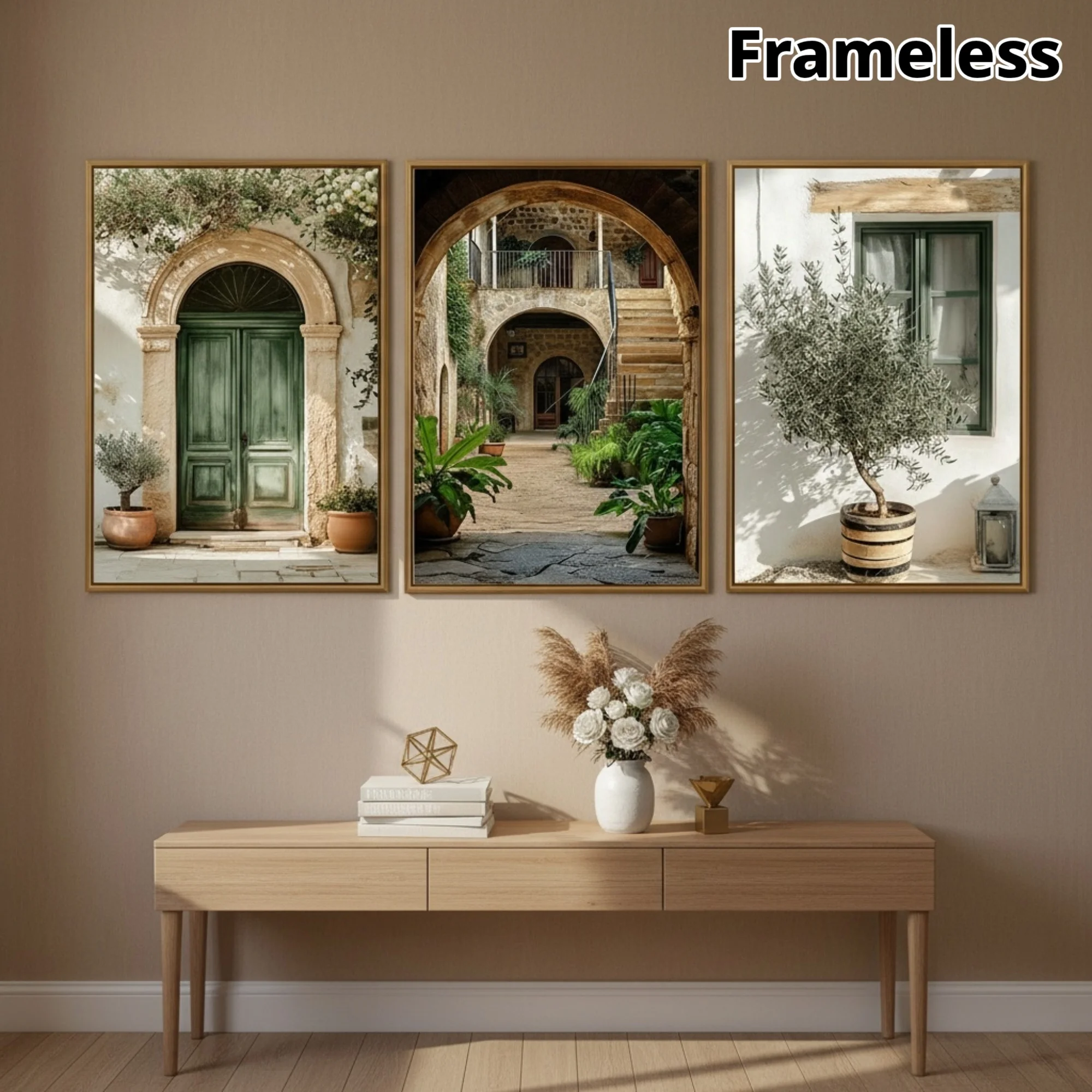 3-teiliges Set Mediterrane Steinbögen Olivenbaum Topfpflanzen Leinwanddruck Retro Grüne Tür Wandkunst Poster für Heimdekoration