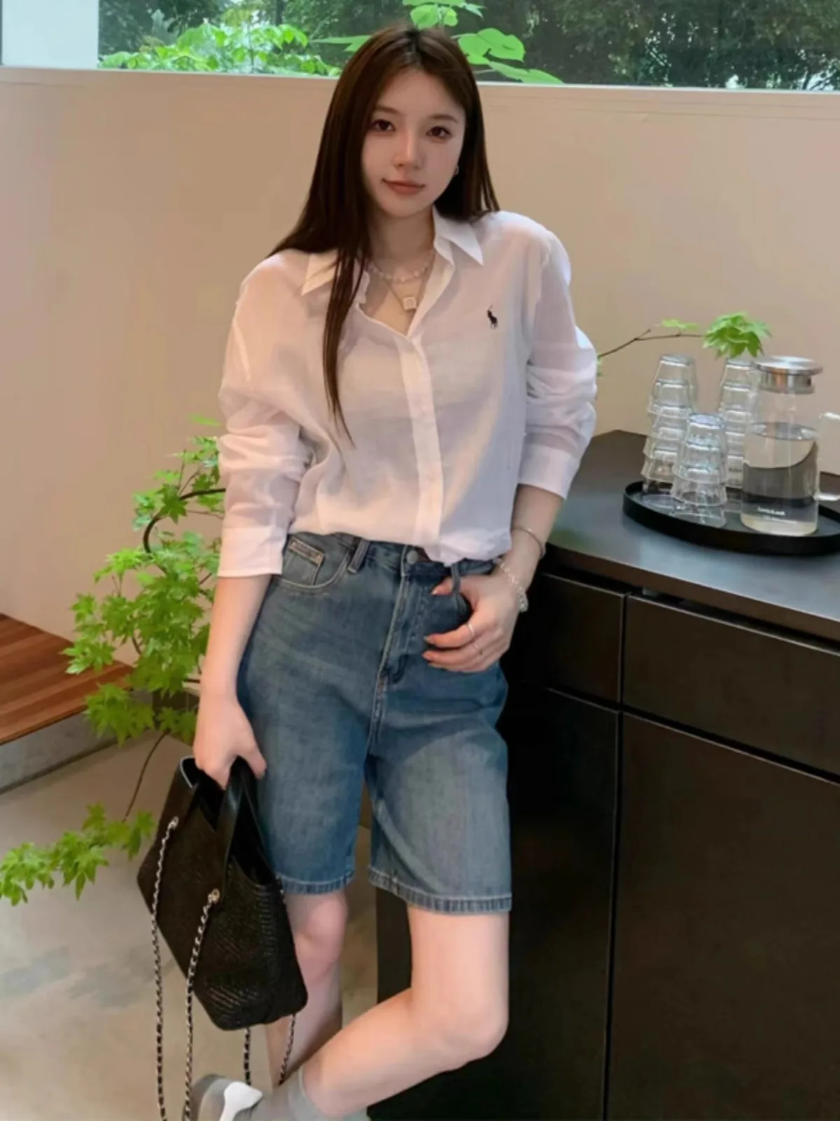 

High Waist Five-Quarter Denim orts Women's Loose Slimming Ladies' 5-Part Wide Leg Straight Tube Mid-Pants Casual Sle