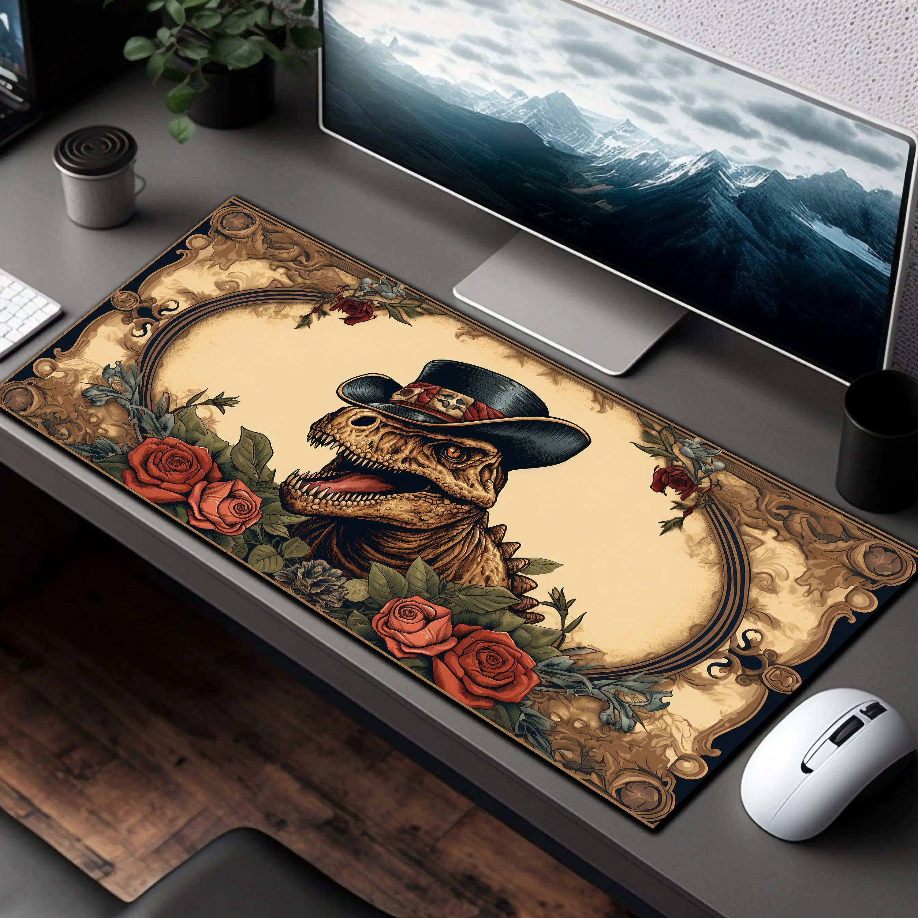 

Dinosaur Desktop Decoration Wearing A Western Hat, Beautiful Natural Desktop Decoration, Teacher Gift, Gaming Mouse Pad.