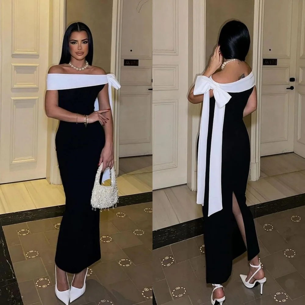 

Customized Jiayigong Sparkle Exquisite Evening Jersey Bow Ruched A-line Off-the-shoulder Bespoke Occasion Gown Midi Dresses