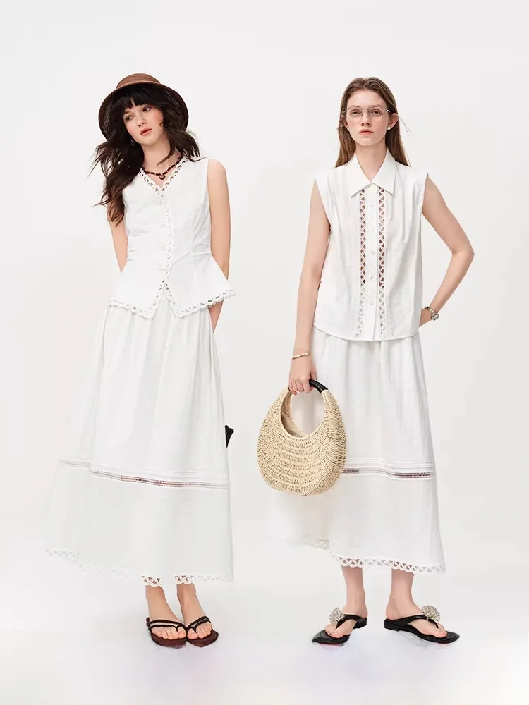 

Pure Cotton Lace Trim Shirt Vest Set Women's Summer Hollow out Skirt Fashionable Three Piece Suit V Neck Sleeveless