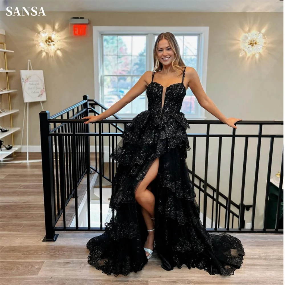 Sansa Black Glitter Prom Dress A-line Multilayer Vestidos De Noche Elegant Sleeveless Side SplitFloor-Length Wedding Dresses