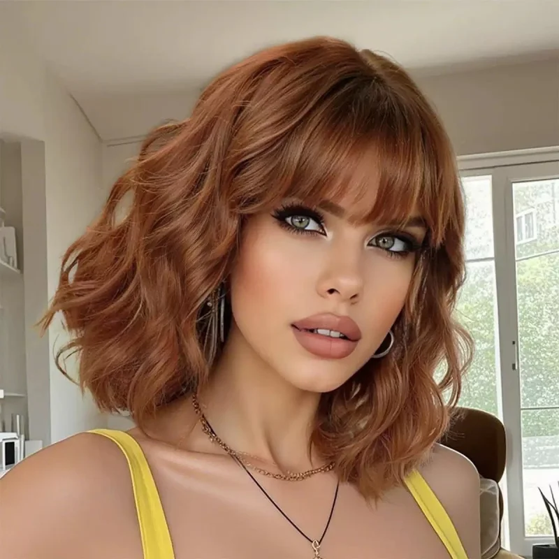 European and American style medium-length curly wig for women with bangs, ocean wave pattern, fashionable full headpiece