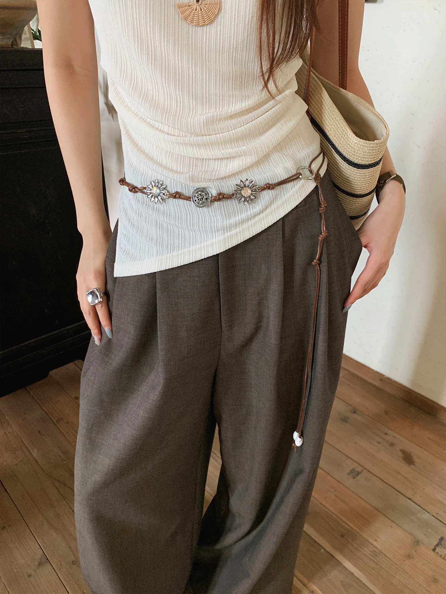 Vintage Old Money Style Sunflower Beaded Woven Waist Rope Women's High-End Personalized Waist Chain With Jeans Belt