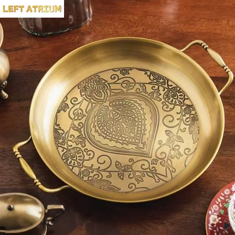 European Fruit Tray, Retro Brass Household Metal Round Shape High-Grade Relief Food Plate,Snack Plate Home Table Decoration