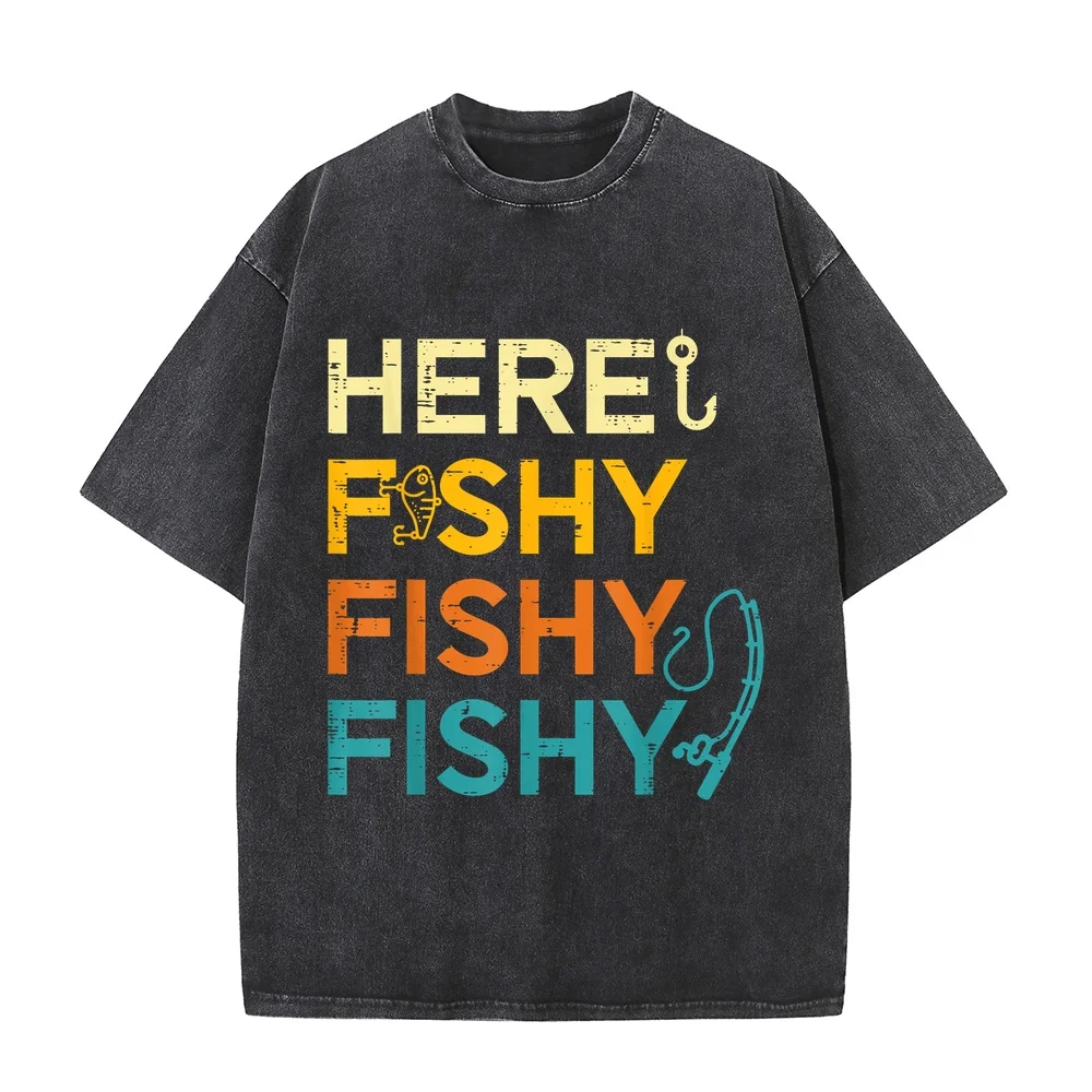 Fishing Here Fishy Retro Fish Lover Fisherman Men Women Kids T-Shirt Men's Clothing Short Sleeve Clothes Outdoor Graphic Tee