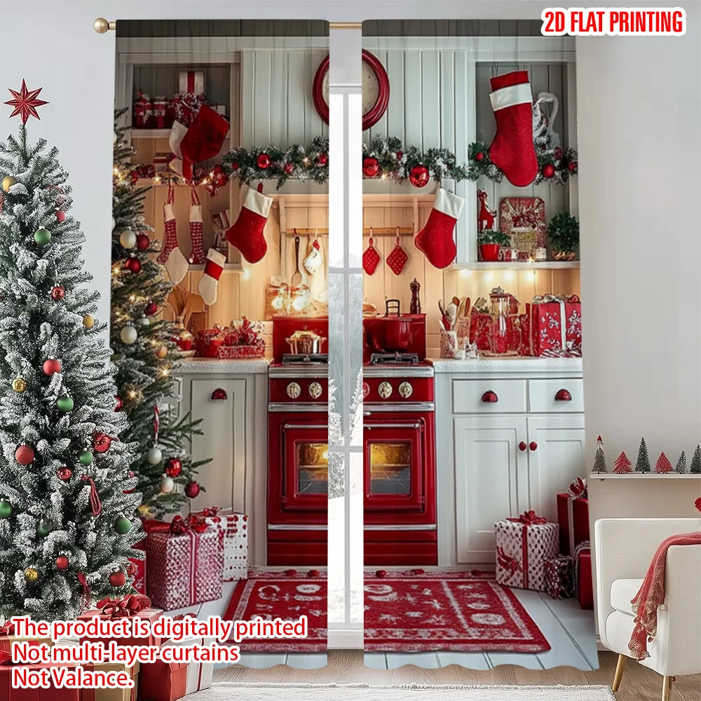 

2pcs 2D flat printing Merry Christmas Popular Party Window Curtains Christmas 14 Versatile Durable Polyester Without Electricity