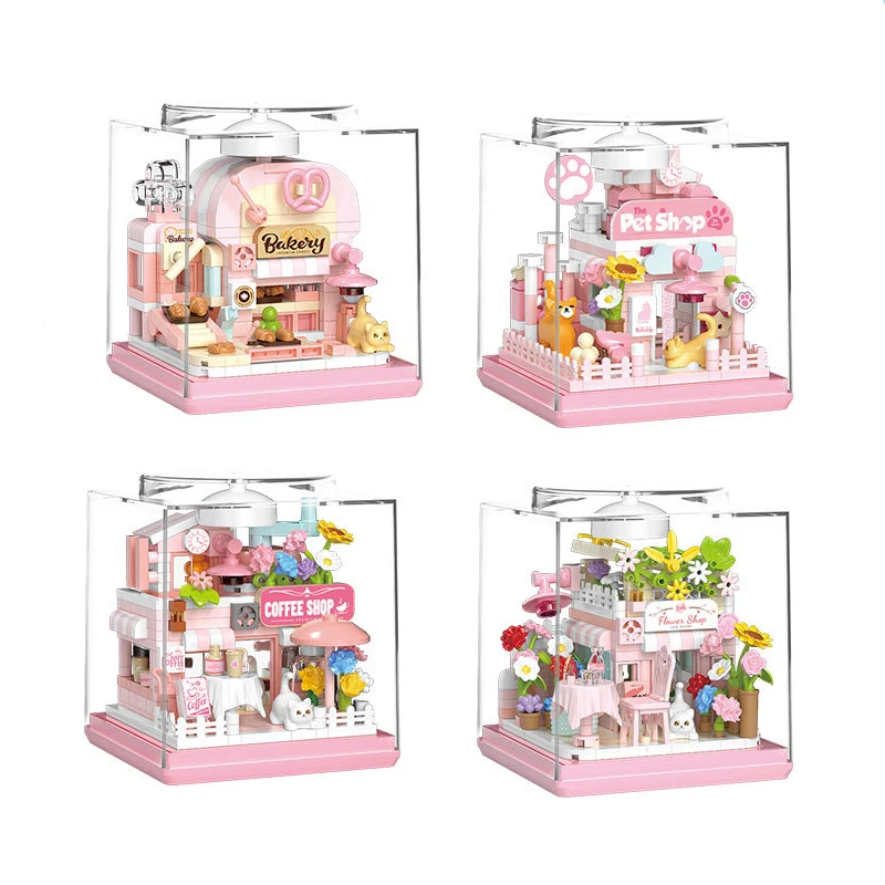 

Cat Daily Life Micro Building Blocks Flower Shop Street View Assembly 3D Model Mini Brick Figure Toy For Kid Christmas Gift