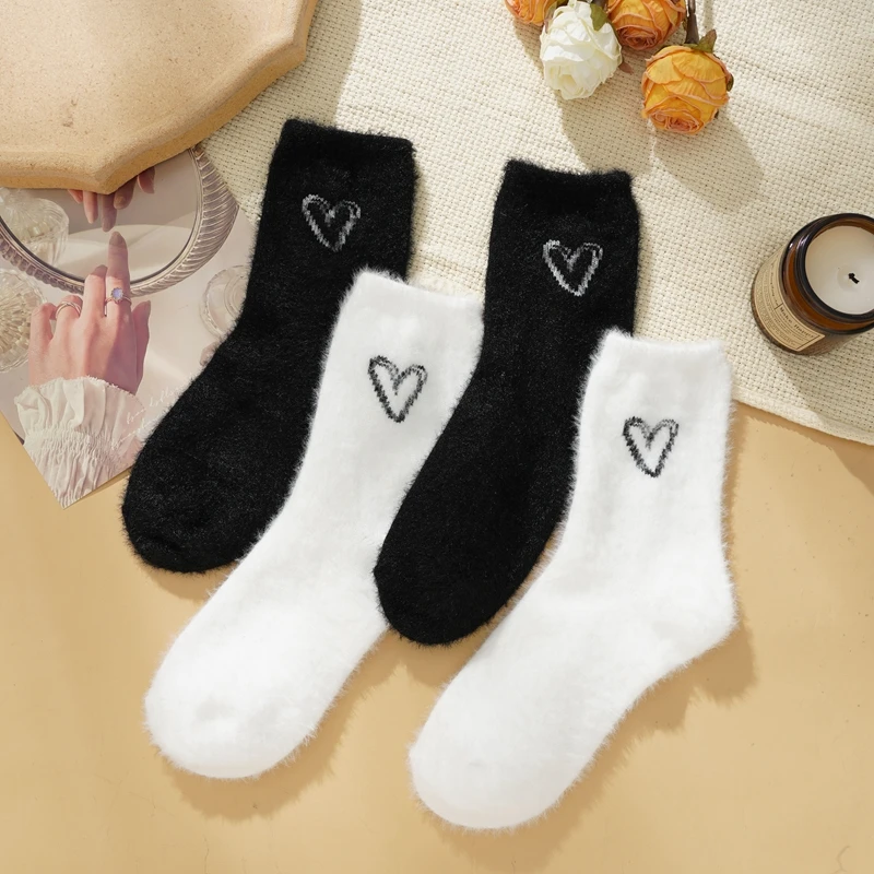 Women Winter Warm Fluffy Socks Love Solid Color Fuzzy Socks Female White Thick Home Floor Sleep Socks