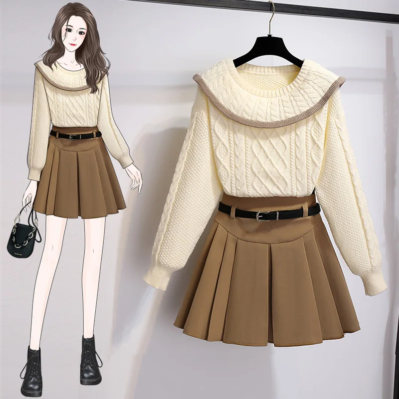 Preppy Two-piece Women's Suit  2022 Winter Autumn Female Student Korean Pullover Sweater Top+Pleated Mini Skirt Sets Female