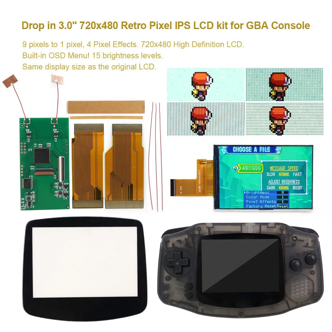 

Easy to Install 3.0 Inch GBA IPS V5 LCD Kits For Gameboy Advance Console 15 brightness levels Retro Pixel mode With Shell Case