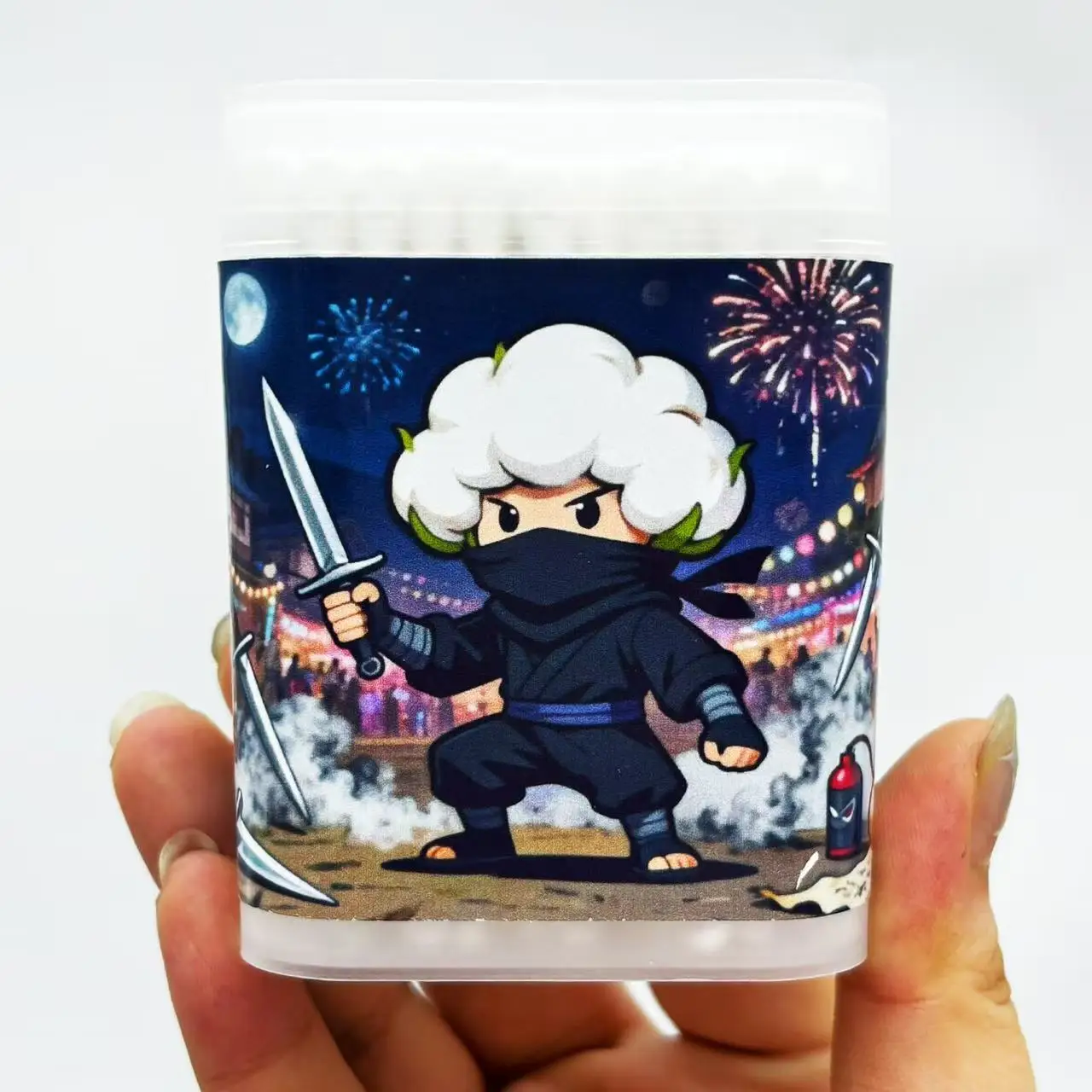 200 قطعة مسحات قطنية مبتكرة بطابع النينجا مزدوجة الأطراف ملعقة مستديرة إبداعية عنصر زي النينجا الأسود أعواد قطنية