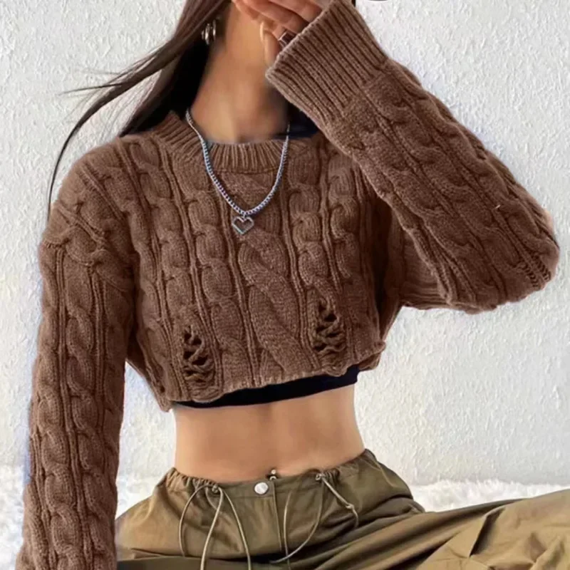 2024 Autumn and Winter New Sweater Design Spicy Girl Round Neck Fried Dough Twists Pattern High Waist Exposed Umbilical