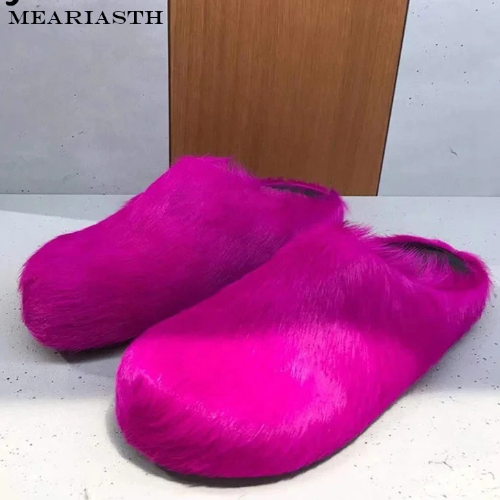 

Fashion Design size 46 Men Mules Slippers new Moccasins Horsehair Flat Furry slides Women Genuine Leather Casual Slipper outdoor