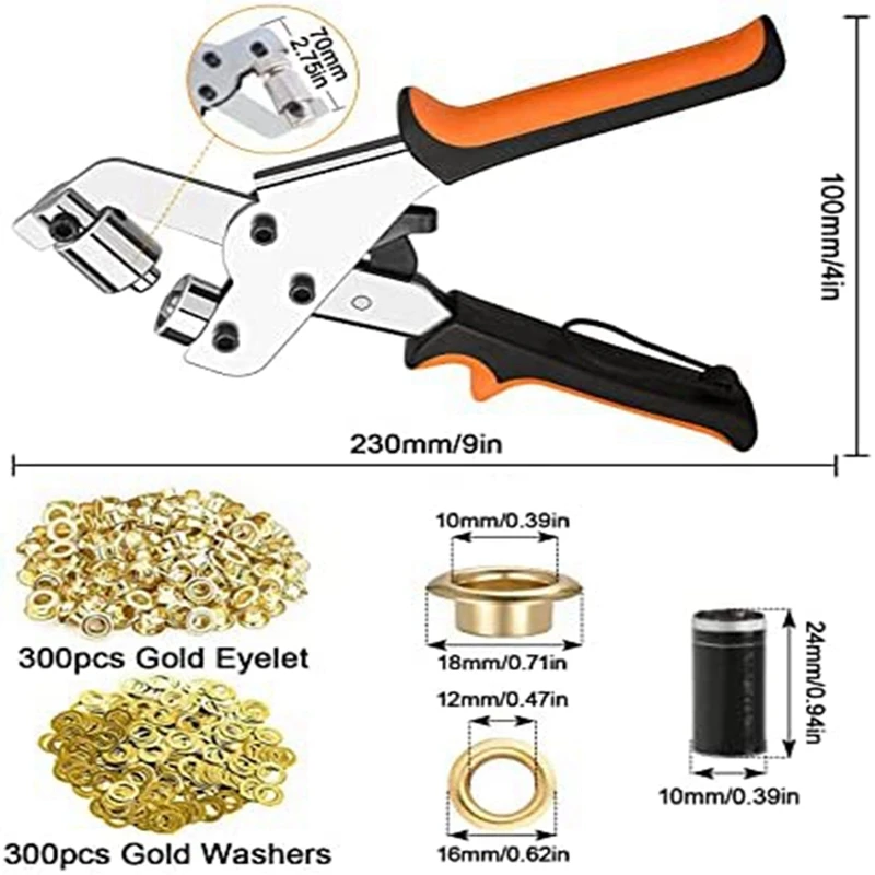 Accessori pinze per occhielli per teloni, Set di pinze per occhielli con 300 occhielli (diametro 10 Mm), pinze per occhielli 10 Mm per pelle, tessuti