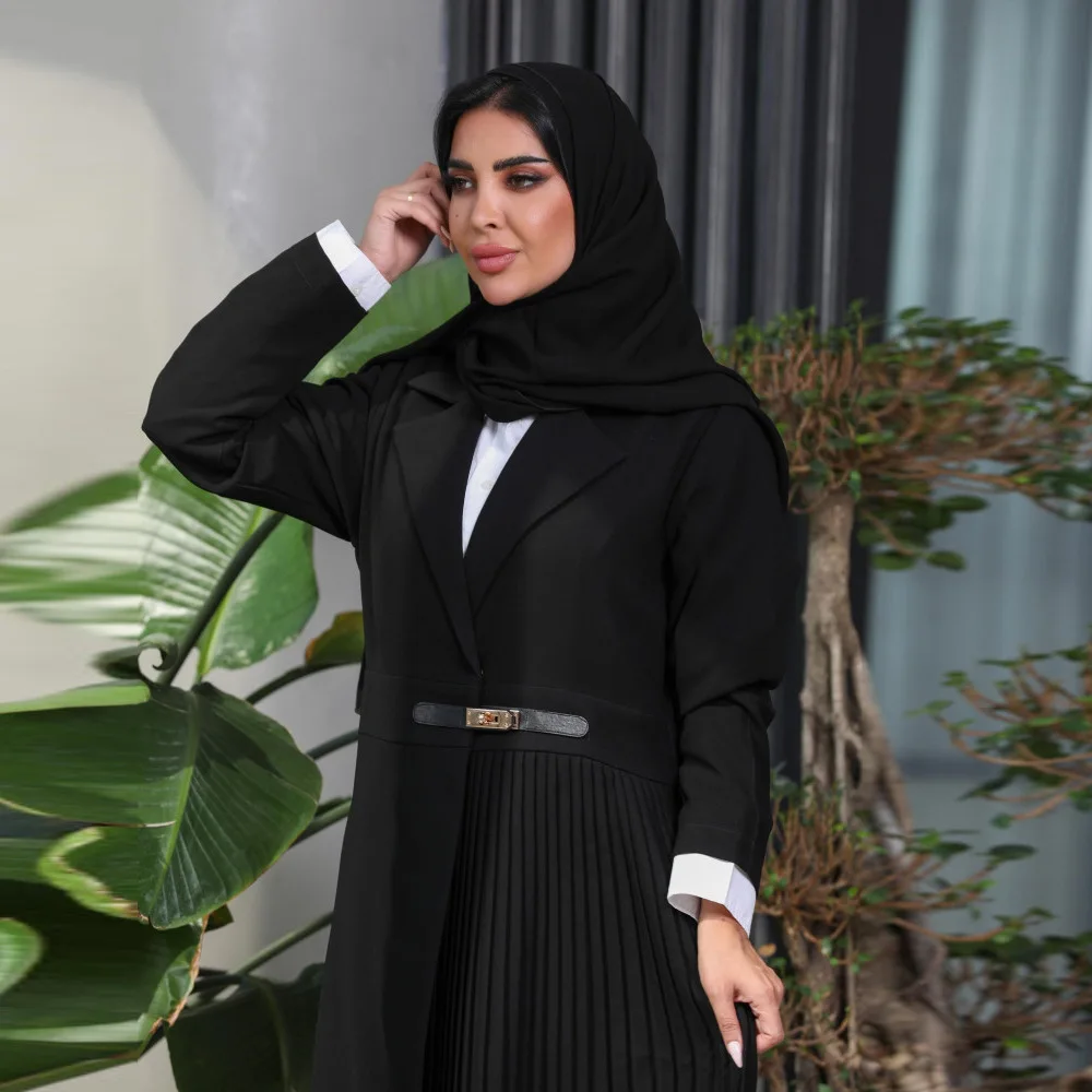 Long-Sleeved Leather Abaya-Kimono For Muslim Women Dubai Moroccan African Dress Fashion Novelty Turn-down Collar Clothing