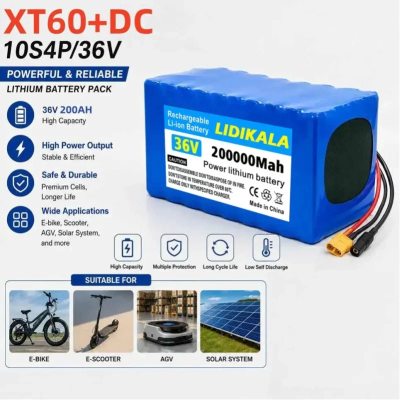 36V 10S4P 200000mAh wiederaufladbare Lithium-Batterie, Hochleistungsbatterie mit mehreren Anschlüssen XT60 + Gleichstromstecker für Elektrofahrräder, wird mit einem speziellen Ladegerät geliefert