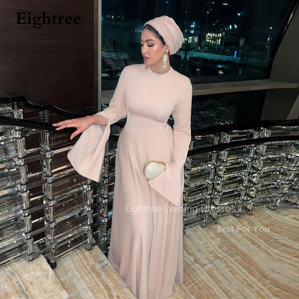 Eightree Light Pink Evening Dresses Flare Long Sleeve Dubai Muslim Prom Dress Arabic Formal Party Gown Classy Evening Dress