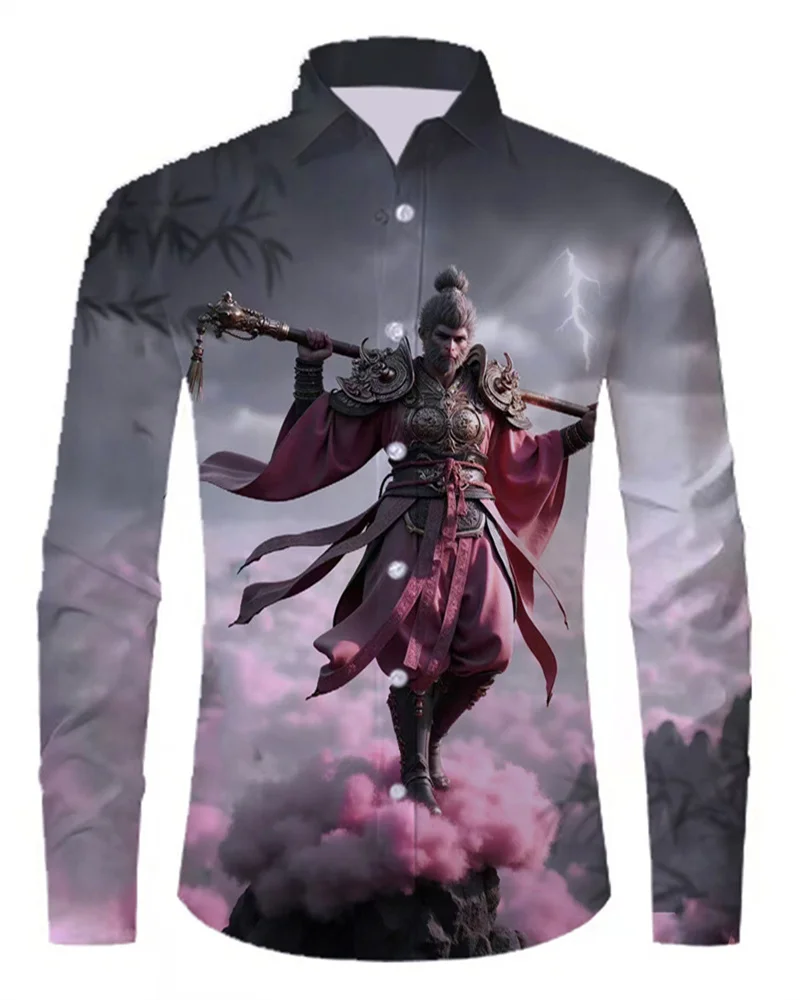 Black Mythology Wukong Sun Wukong Long Sleeve Shirt Lapel Button Shirt Fans Gift Fast Shipping XS-6XL Large Size High Quality