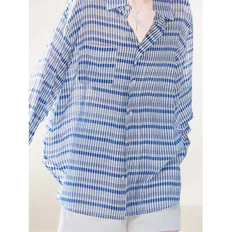 

Blue Striped Long Sleeve Shirt Jacket Women's Summer Loose Lazy Style Thin Sun Protection Cover up Breathable Casual Top